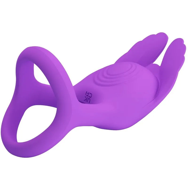 Anneau pénien vibrant violet en silicone, 7 modes, forme ergonomique, stimulation intense, confort optimal.