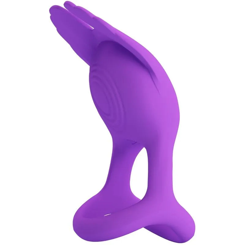 Anneau pénien vibrant violet en silicone avec 7 modes, design ergonomique pour stimulation intense et confort optimal.