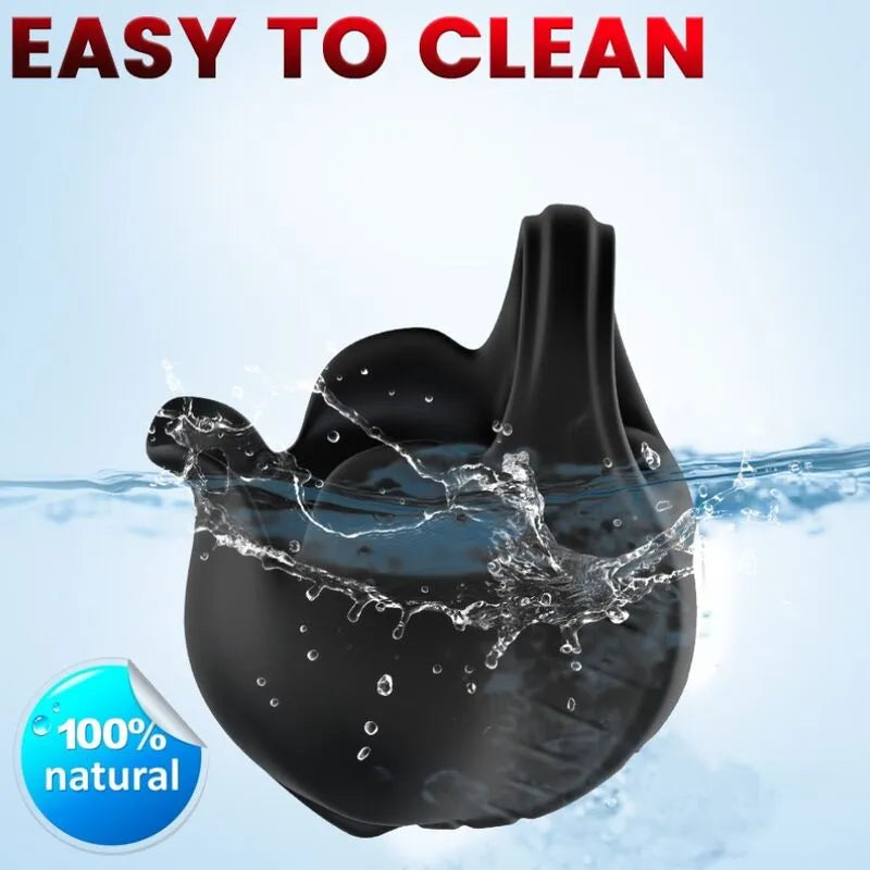 Anneau pénien vibrant noir en silicone étanche, design ergonomique, 9 modes de vibrations, facile à nettoyer.
