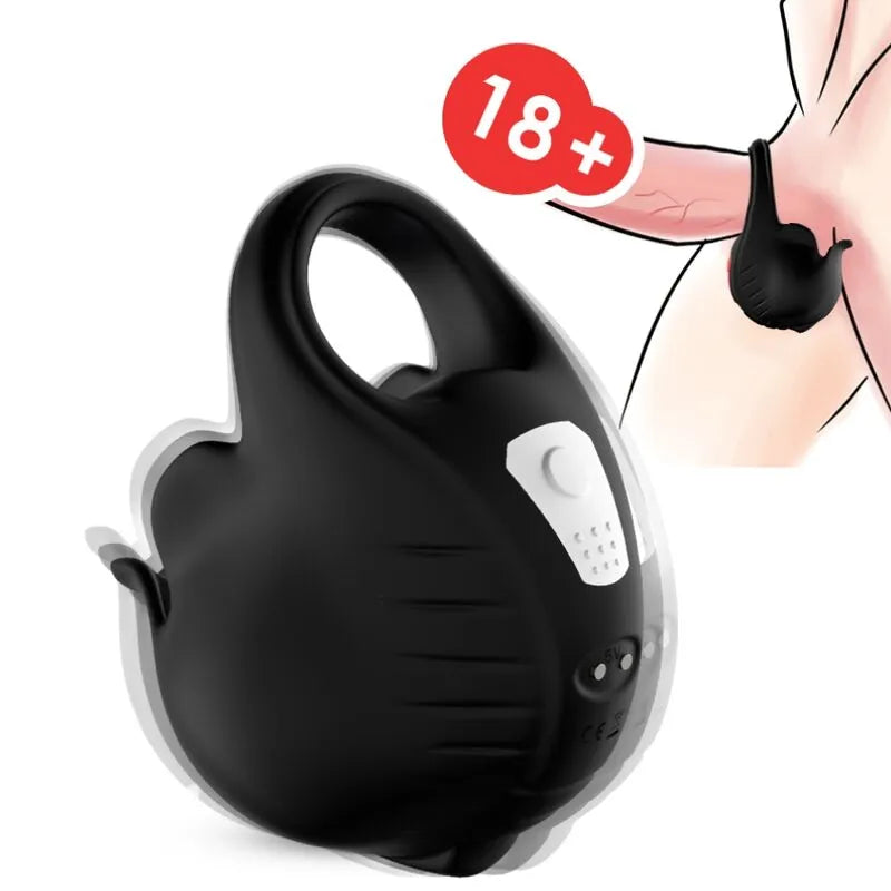 Anneau pénien vibrant noir en silicone étanche avec 9 modes, ergonomique et confortable pour moments intimes.