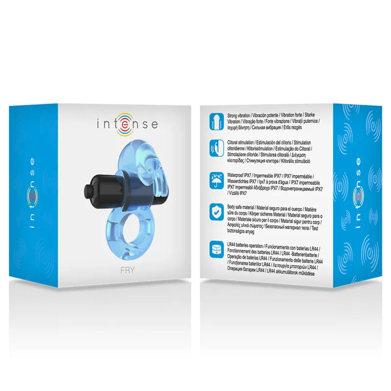 Anneau pénien vibrant bleu étanche Intense™ Rabbit Ring, flexible, avec emballage détaillé pour couples.