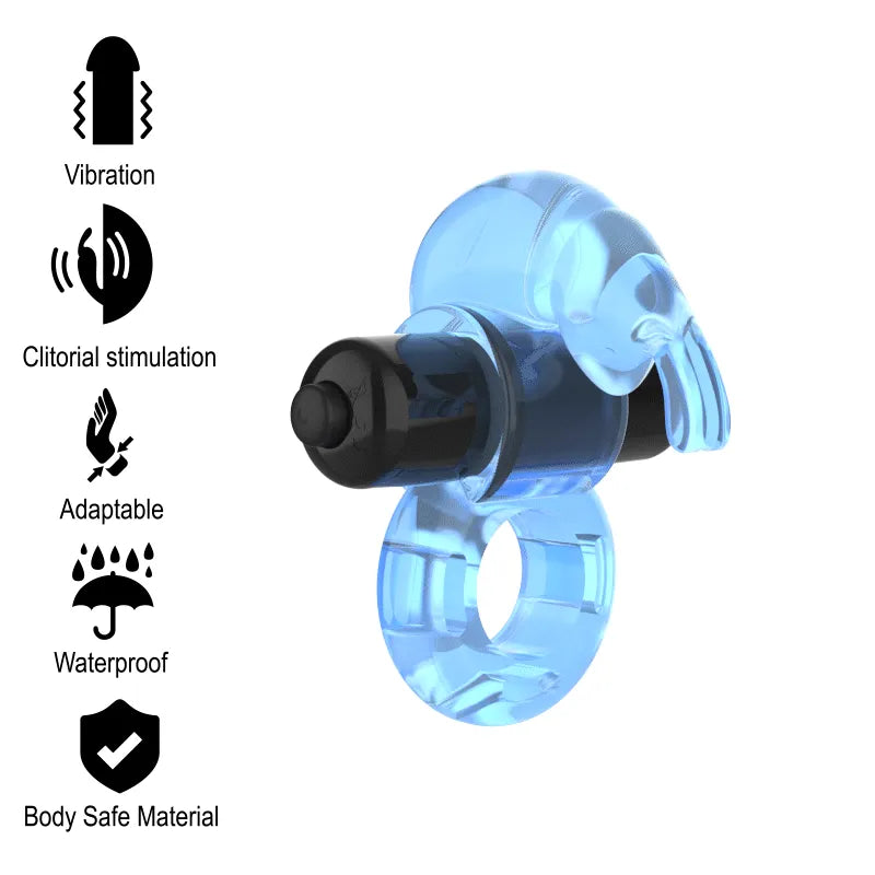 Anneau pénien vibrant bleu étanche avec stimulateur, adaptable et sécurisé, idéal pour intensifier l'intimité des couples.