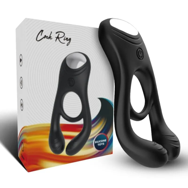 Anneau pénien vibrant noir en silicone, forme ergonomique, avec boîte, 9 modes, étanche et rechargeable.