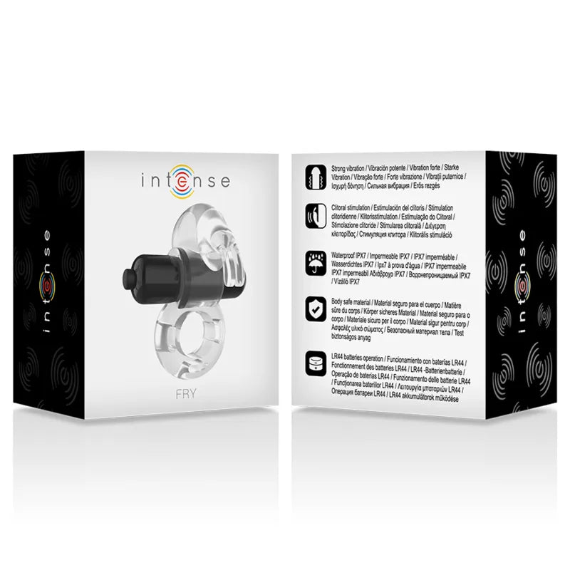 Anneau pénien vibrant transparent avec stimulateur clitoridien, étanche, sur fond blanc, dans un emballage noir et blanc.