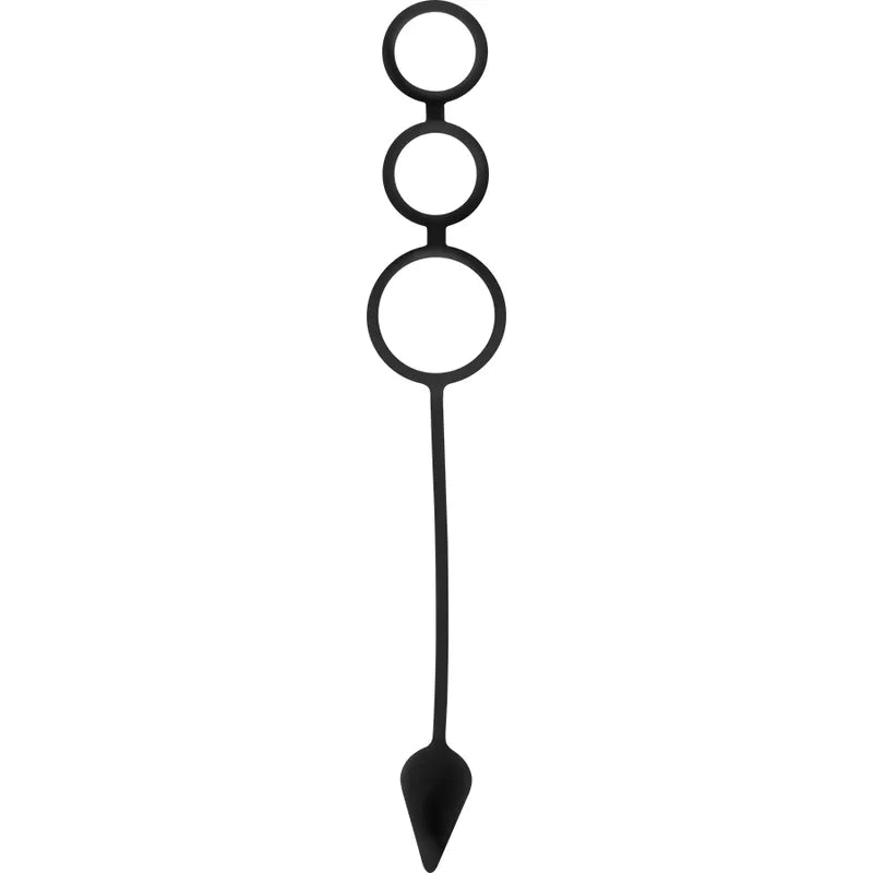 Anneau pénis noir 3 en 1 avec plug anal en silicone hypoallergénique, forme ergonomique et finition lisse.