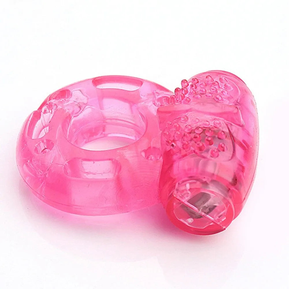 Anneau pénien vibrant rose transparent en TPR, extensible, avec texture stimulante, idéal pour prolonger l'érection.