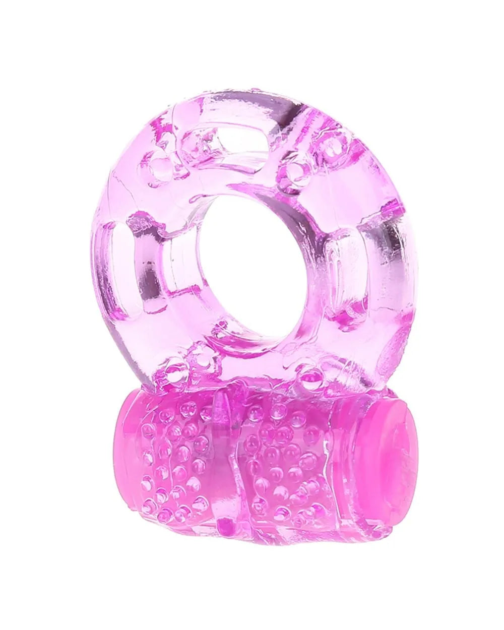 Anneau pénien vibrant rose transparent en TPR, forme circulaire avec surface texturée, dimensions compactes.