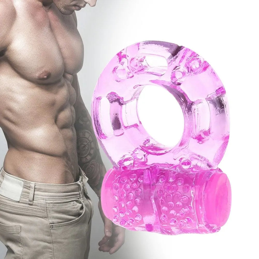 Anneau pénien vibrant rose transparent en TPR, extensible, avec détails texturés pour stimulation intense.