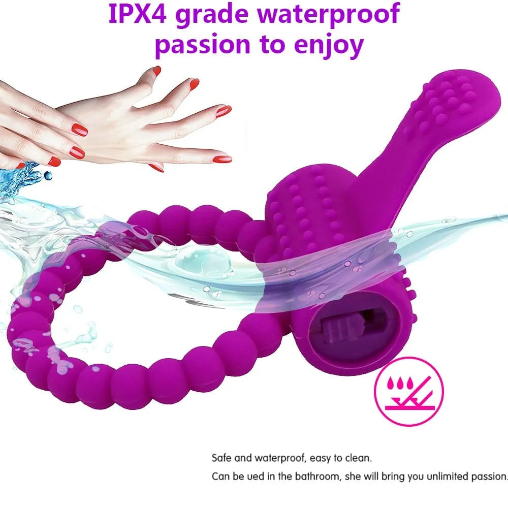 Anneau pénis vibrant violet avec picots en silicone hypoallergénique, moteur puissant, design ergonomique et étanche.