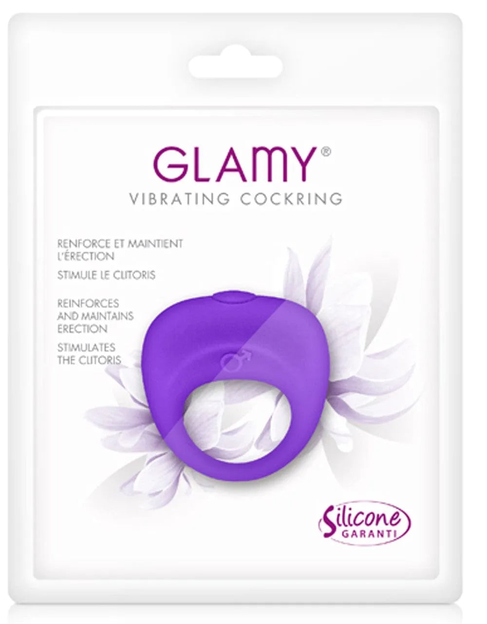 Anneau pénis violet vibrant en silicone, étanche, texture douce, stimulation intense, emballage élégant.