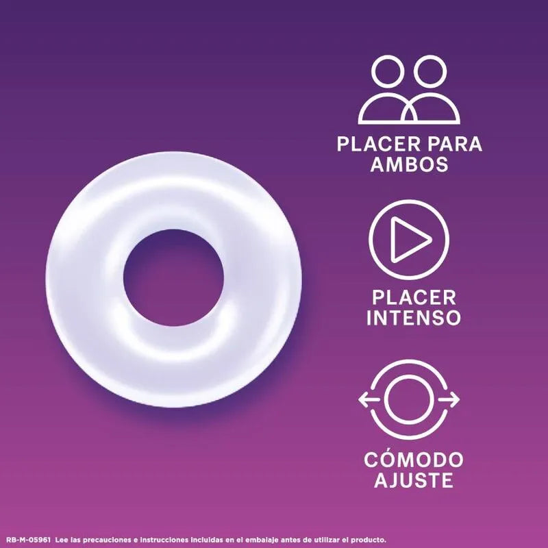 Anneau érectile Durex réutilisable blanc, forme circulaire, fond violet, pour intensifier plaisir et confort intime.