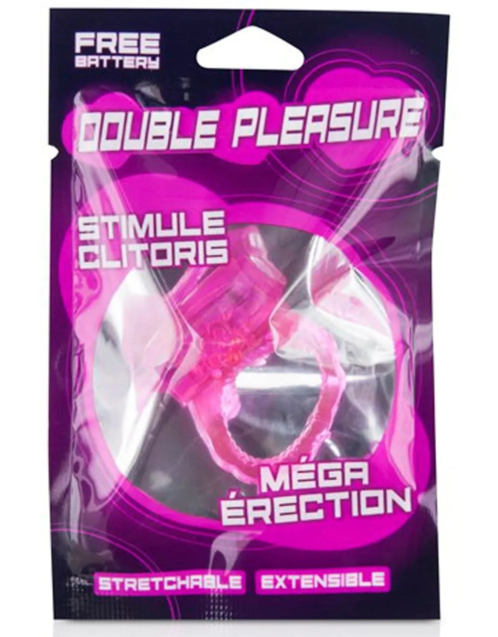 Anneau vibrant rose pour pénis, extensible, stimule clitoris, érections durables, emballage noir et rose.