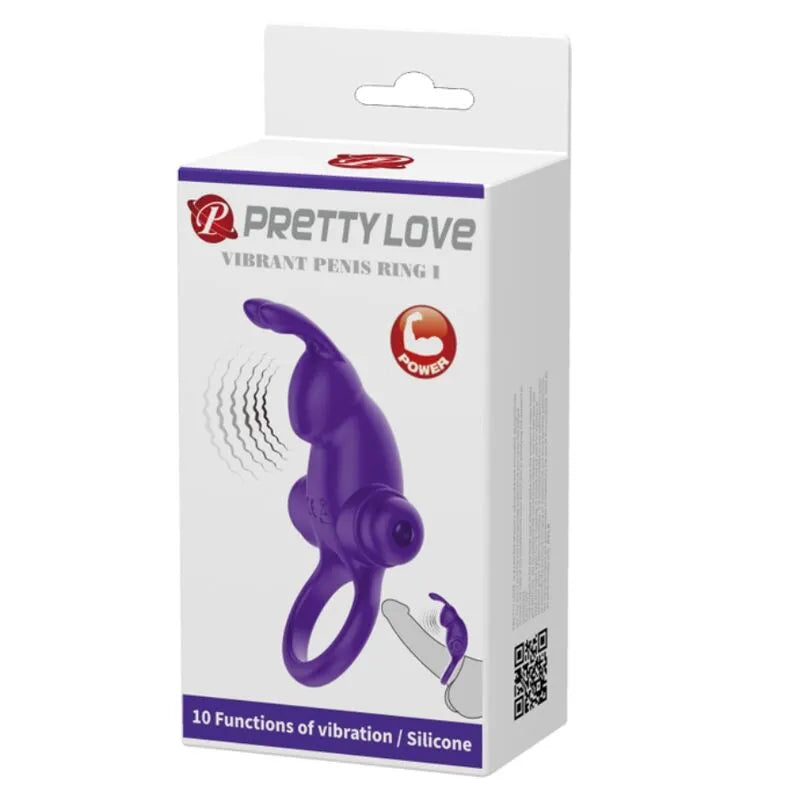 Anneau vibrant violet en silicone, 10 fonctions, design ergonomique, boîte blanche, stimulation intime.