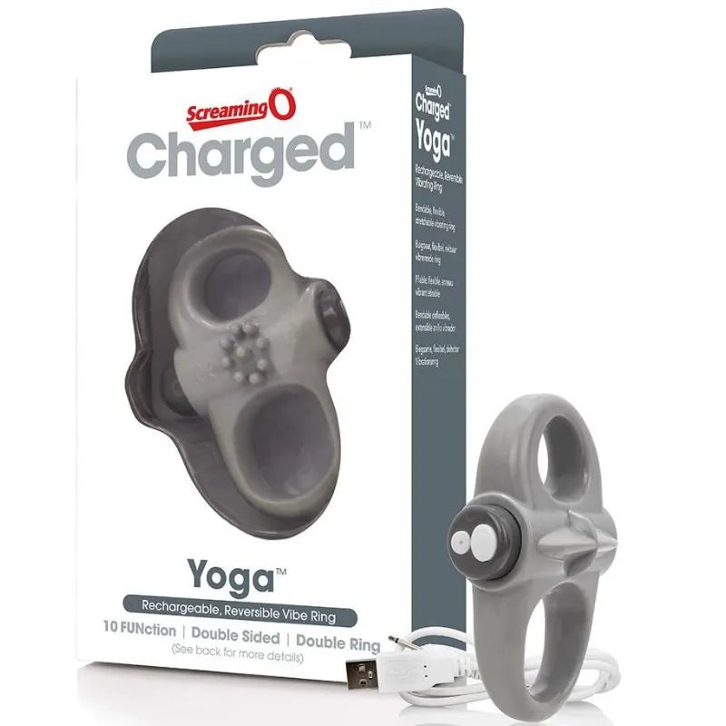 Anneau vibrant flexible gris pour débutants, design ergonomique, 10 vitesses, présenté avec emballage et câble USB.