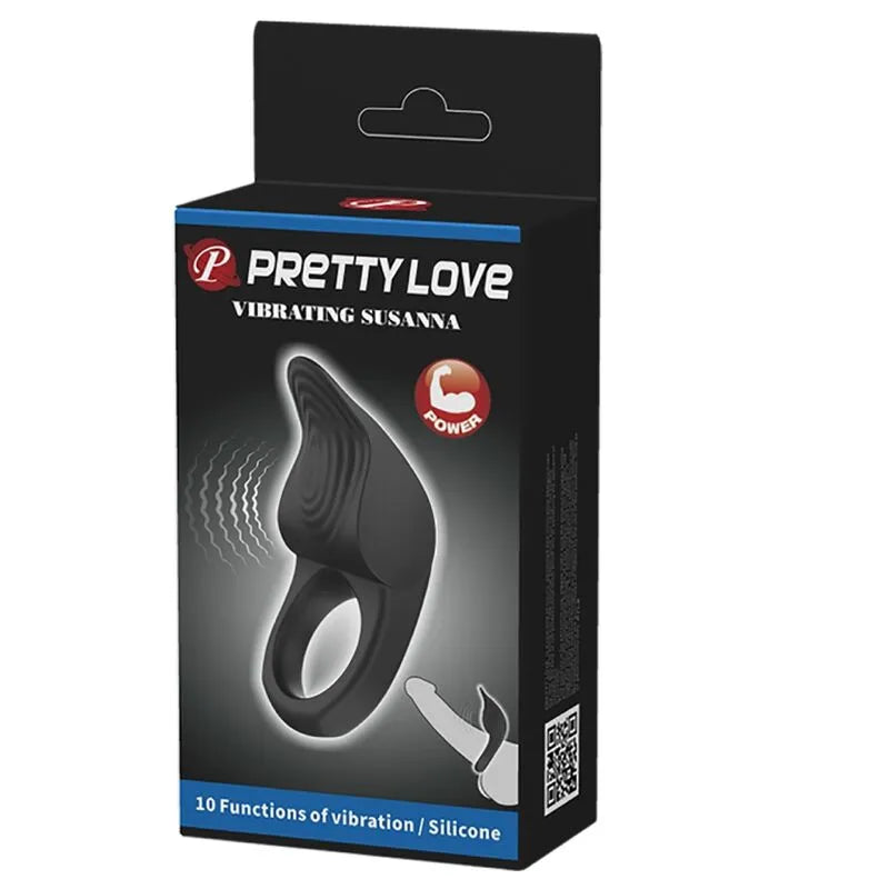Anneau vibrant pénien noir en silicone, rechargeable, sur fond blanc avec boîte illustrant ses fonctions de vibration.