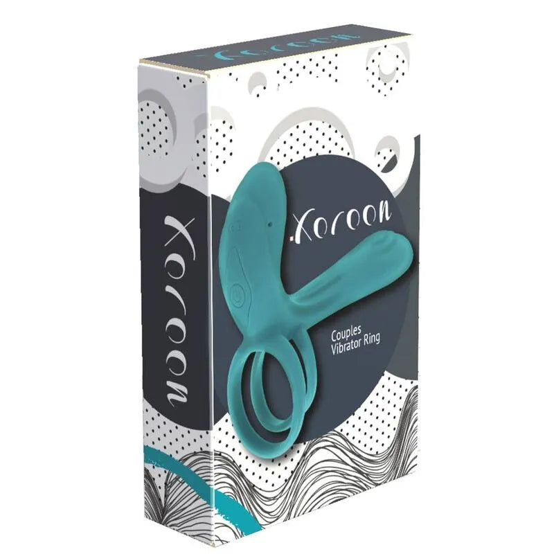 Anneau vibrant bleu Xocoon pour couples, stimulation clitoridienne et pénienne, boîte design moderne.