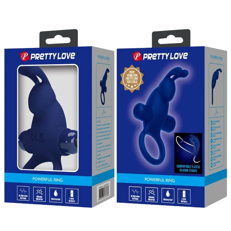 Anneau vibrant bleu en silicone, 10 vibrations, forme ergonomique, emballage élégant, accessoire intime innovant.
