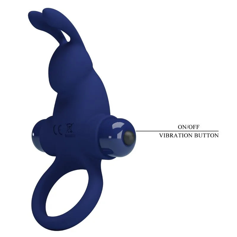 Anneau vibrant bleu en silicone avec 10 vibrations, forme ergonomique, idéal pour moments intimes, bouton on/off visible.