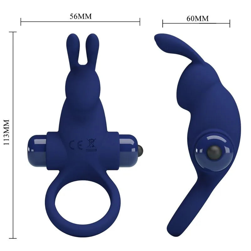 Anneau vibrant bleu en silicone, forme ergonomique, 10 vibrations, dimensions 56x60mm, stimulation sensorielle.