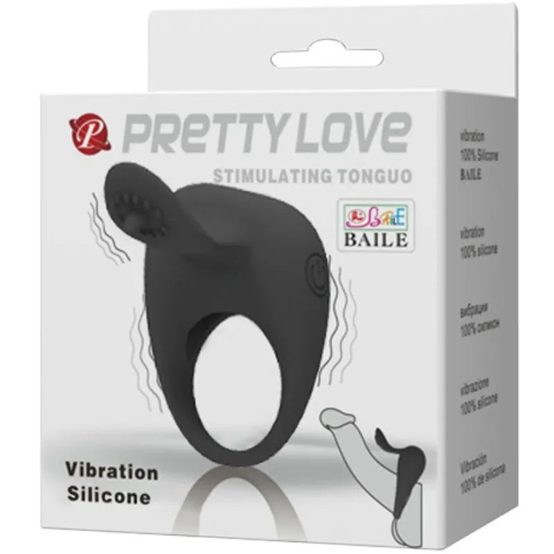 Anneau vibrant noir en silicone pour couples, forme ergonomique, stimulation intense, emballage élégant.