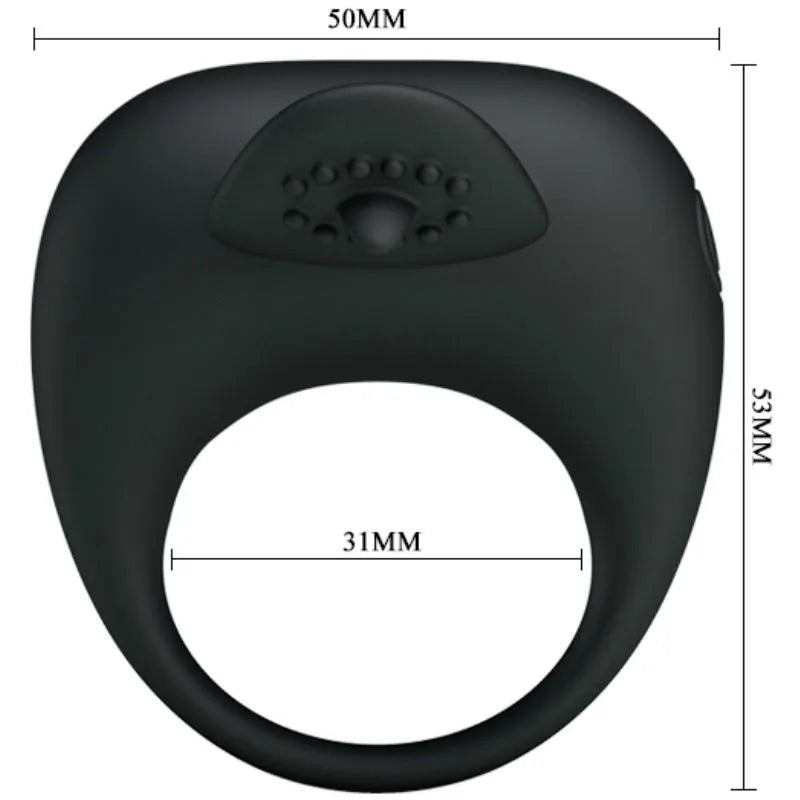 Anneau vibrant noir en silicone haute qualité, forme ergonomique, dimensions 50mm x 33mm, stimulation couples.