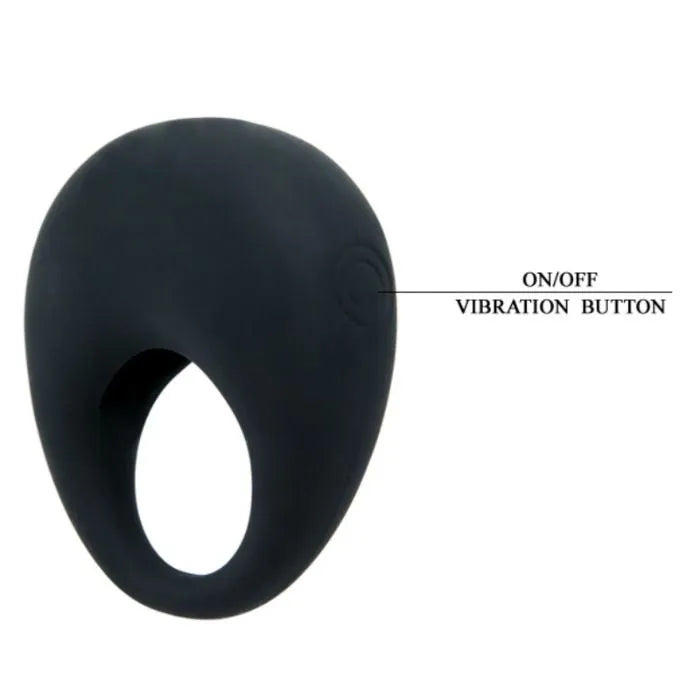 Anneau vibrant noir en silicone médical, forme ergonomique, bouton on/off, amélioration érection et plaisir couple.