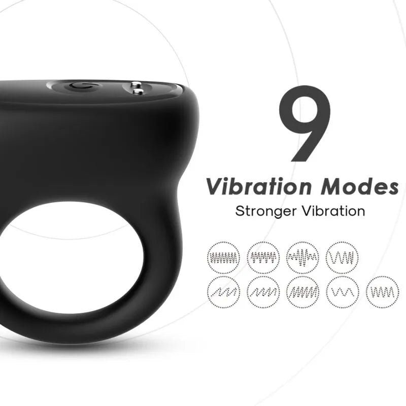 Anneau vibrant noir en silicone médical, 9 modes de vibration, rechargeable USB, design ergonomique et étanche.