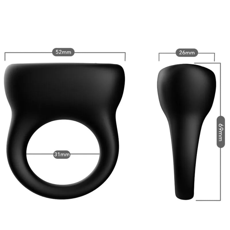 Anneau vibrant noir en silicone médical, forme ergonomique, dimensions indiquées, étanche, 9 modes de vibration.