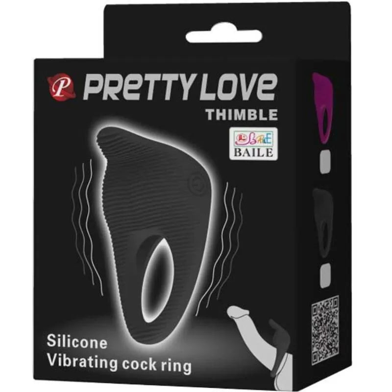 Anneau vibrant noir en silicone, forme ergonomique, balle vibrante intégrée, emballage élégant, accessoire intime.