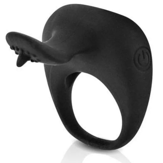 Anneau vibrant silicone noir, forme ergonomique, stimulation et érection prolongée, bouton d'activation visible.