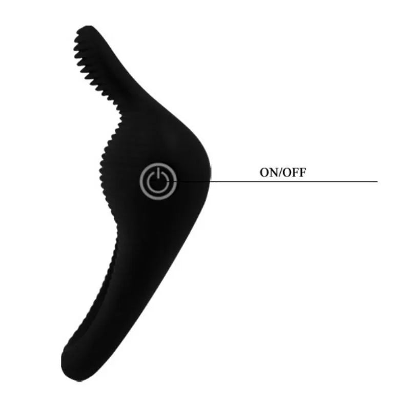 Anneau vibrant en silicone noir avec bouton on/off, forme ergonomique pour érection retardée et stimulation efficace.