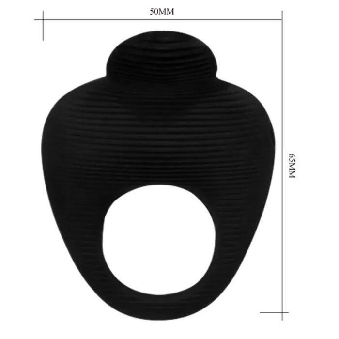Anneau vibrant silicone noir, forme ergonomique, stimulation efficace, dimensions 50mm x 65mm, confort et performance.