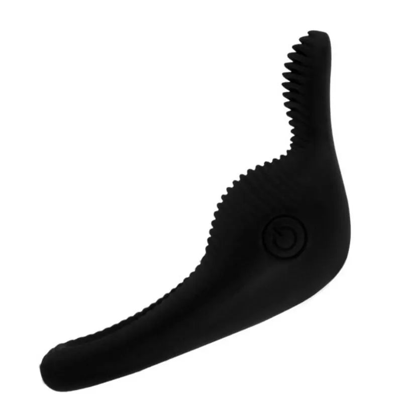 Anneau vibrant noir en silicone médical, forme ergonomique, stimulation et érection prolongée, bouton d'activation visible.