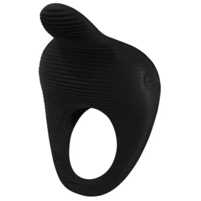 Anneau vibrant noir en silicone médical avec balle vibrante, forme ergonomique pour érection retardée et stimulation.