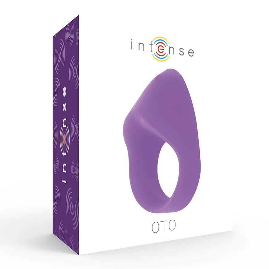 Anneau vibrant violet en silicone étanche, 20 vitesses, sur fond blanc avec boîte violette, pour stimulation intime.