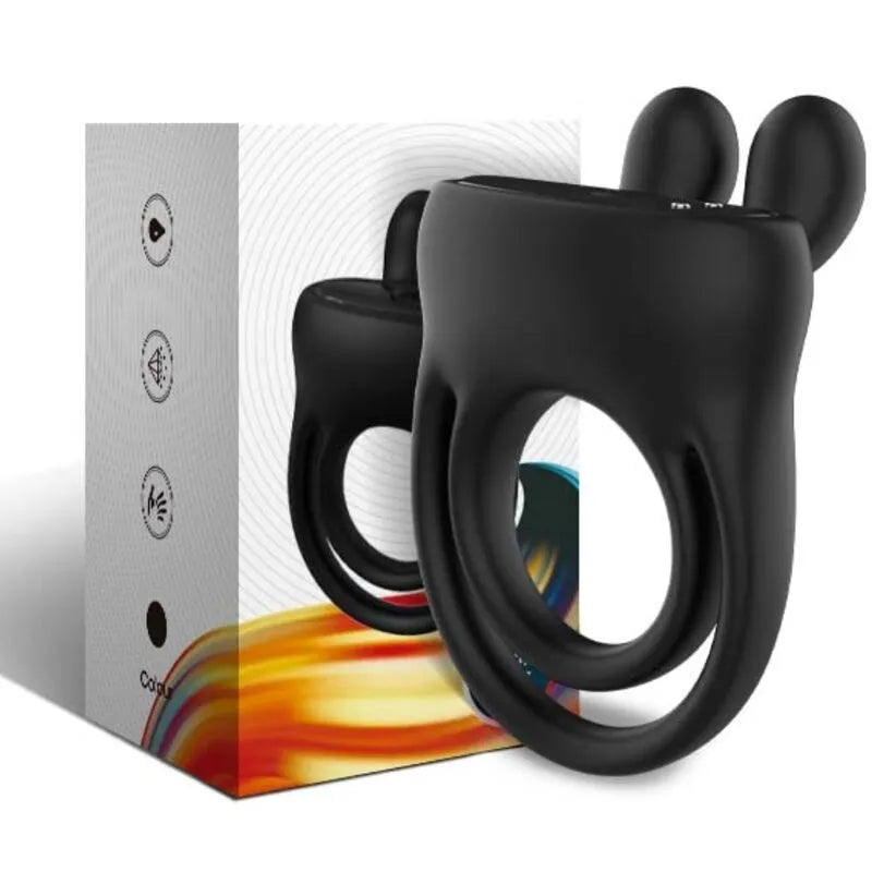 Anneau vibrant submersible noir en silicone premium, design ergonomique, avec boîte, pour expérience intime optimale.