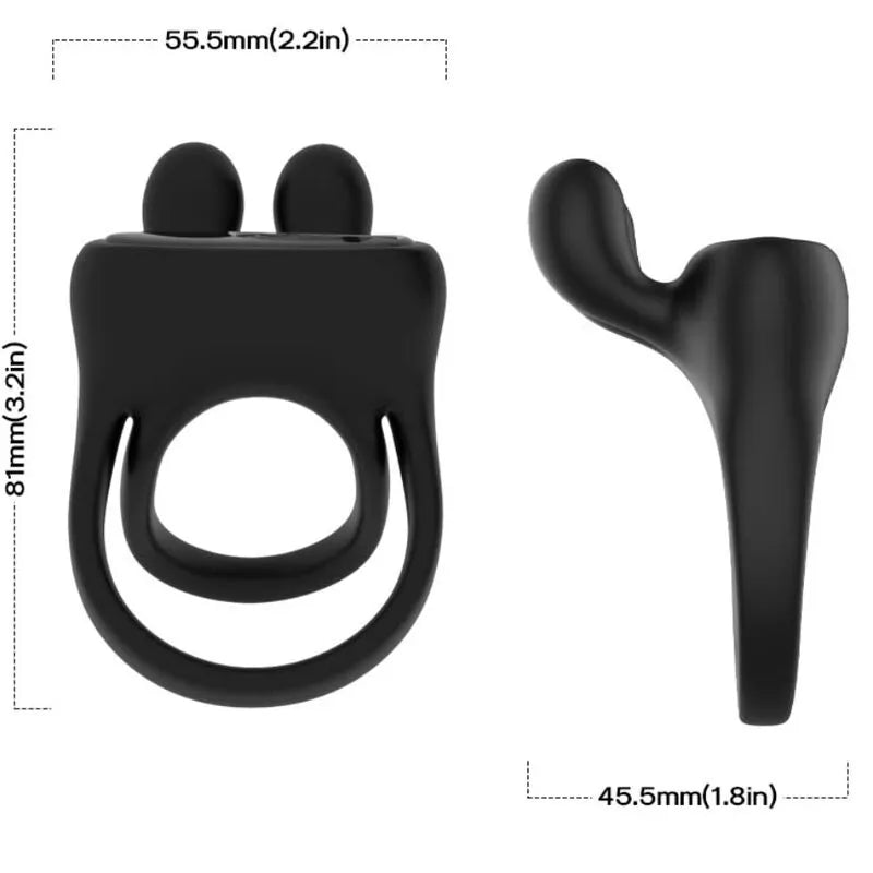 Anneau vibrant noir en silicone premium, submersible, avec 9 modes de vibration, dimensions 81x55.5x45.5mm.