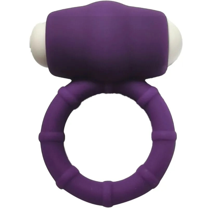 Anneau vibrant violet en silicone médical, submersible, avec détails texturés, idéal pour plaisir aquatique.