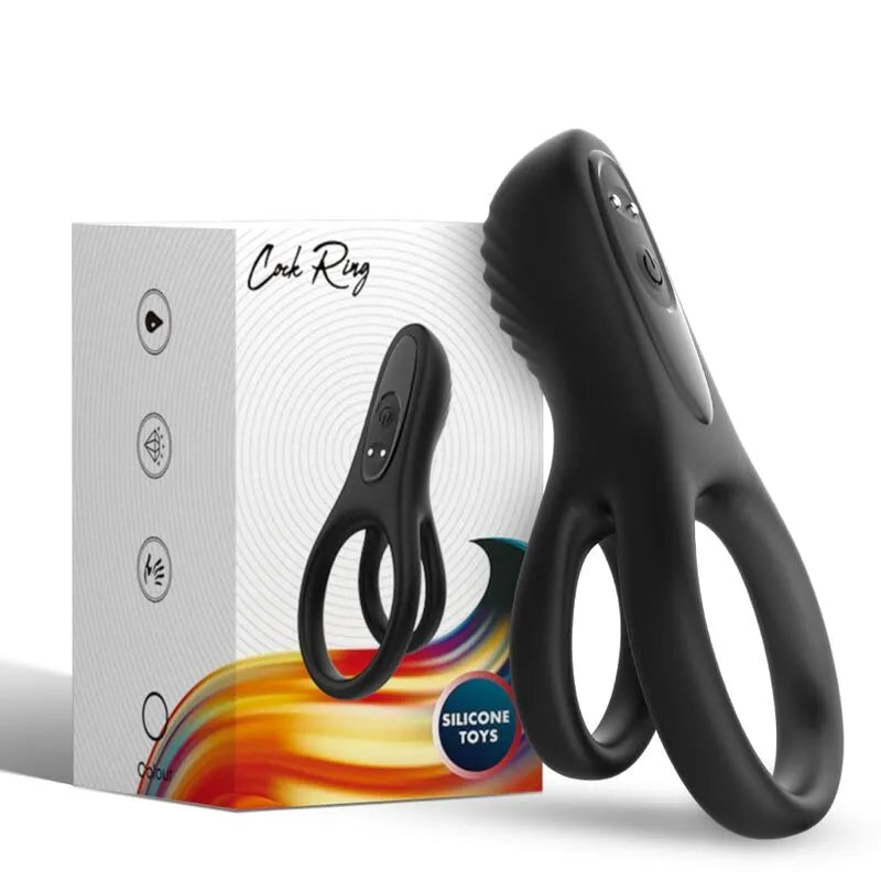 Anneau vibrant noir en silicone médical, rechargeable, avec neuf modes de vibration, présenté devant sa boîte.