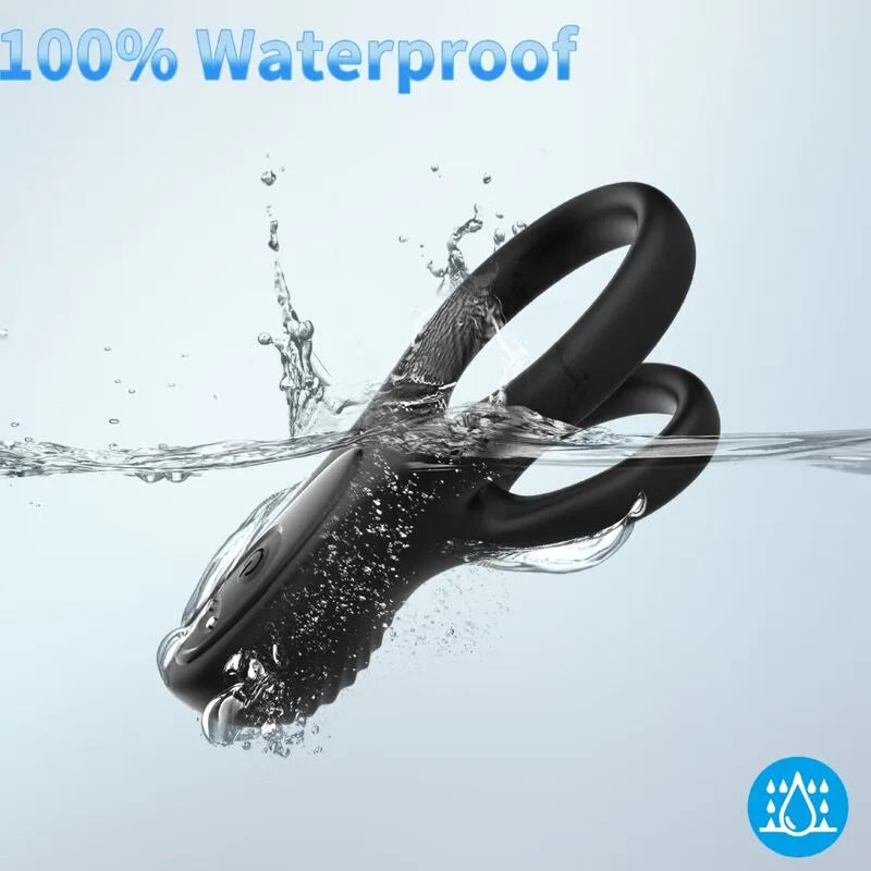 Anneau vibrant noir submersible en silicone médical, forme ergonomique, neuf modes de vibration, 100% étanche.