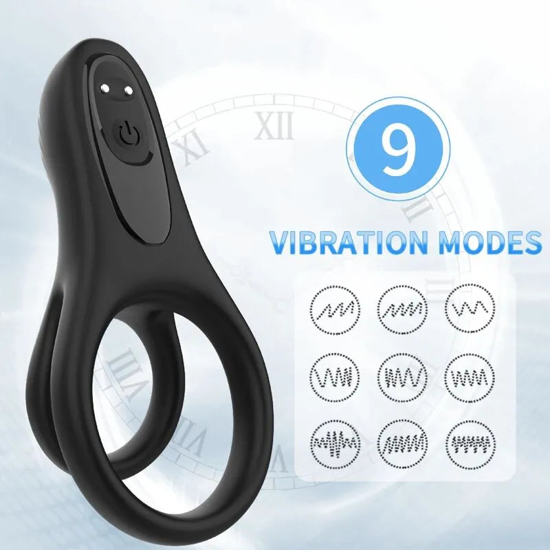 Anneau vibrant noir en silicone médical avec 9 modes de vibration, design ergonomique, submersible et rechargeable.