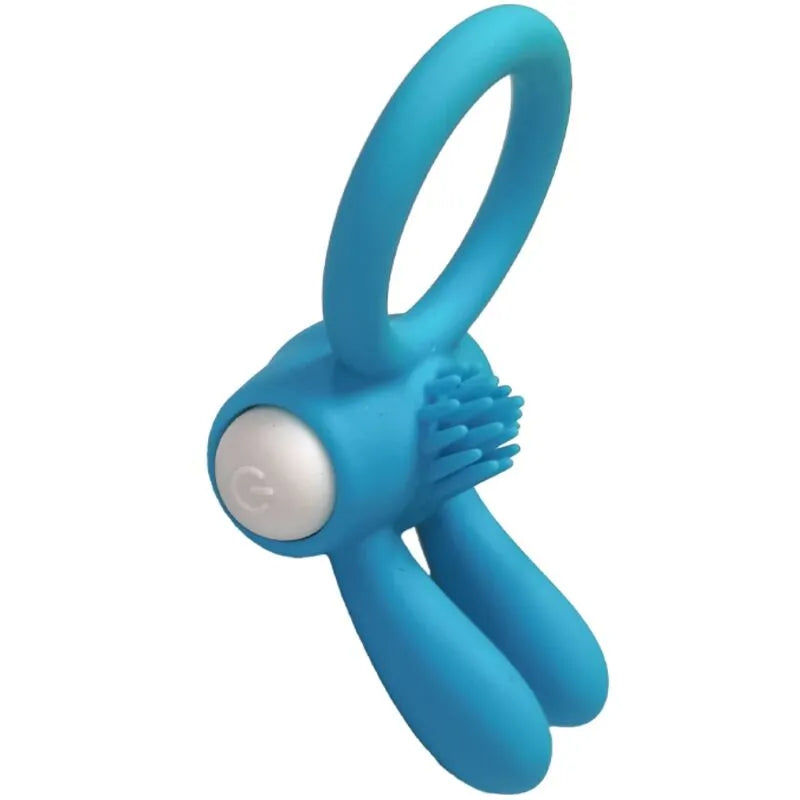 Anneau vibrant bleu en silicone médical, étanche, avec surface texturée et bouton d'activation, pour plaisir sous l'eau.