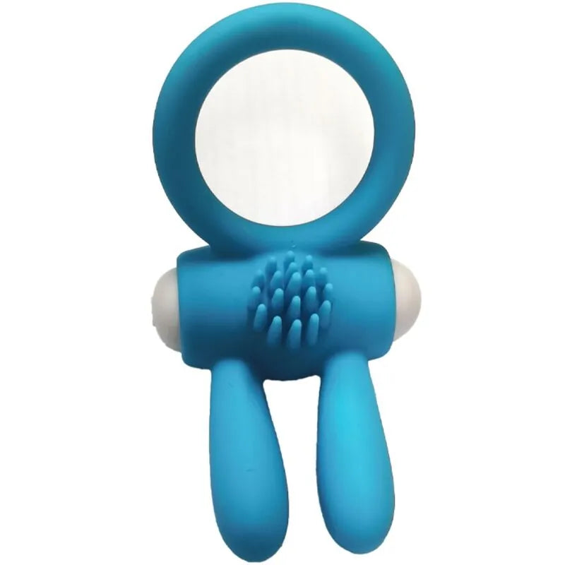 Anneau vibrant bleu en silicone médical, étanche, avec texture stimulante, idéal pour moments intimes sous l'eau.
