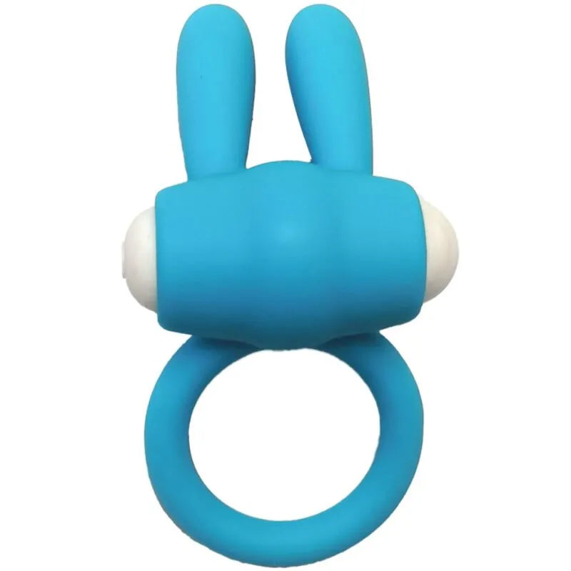 Anneau vibrant bleu en silicone médical, étanche, avec deux extensions, idéal pour moments intimes sous l'eau.