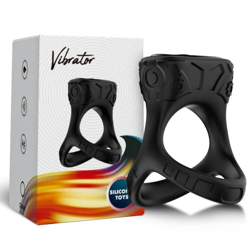 Anneau vibrant noir en silicone médical avec boîte, 9 modes de vibration, design ergonomique et étanche.