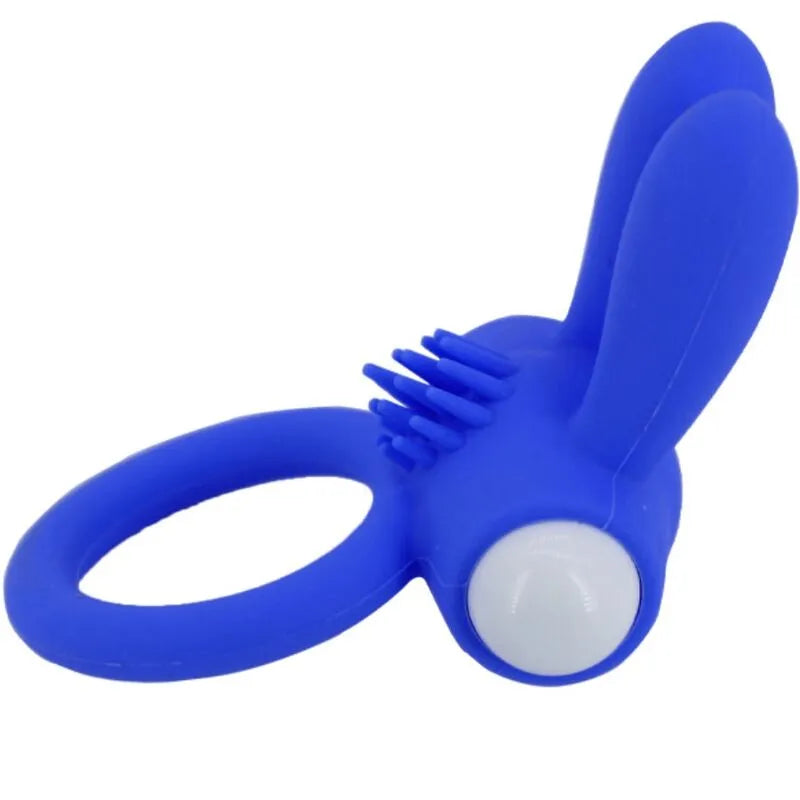 Anneau vibrant bleu en silicone médical, étanche, avec texture nervurée et forme ergonomique pour moments intimes.