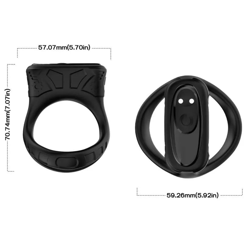 Anneau vibrant étanche noir en silicone médical avec 9 modes de vibration, design ergonomique, dimensions indiquées.