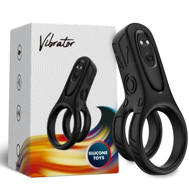 Anneau vibrant noir en silicone médical avec 9 modes, étanche et rechargeable, présenté devant son emballage.