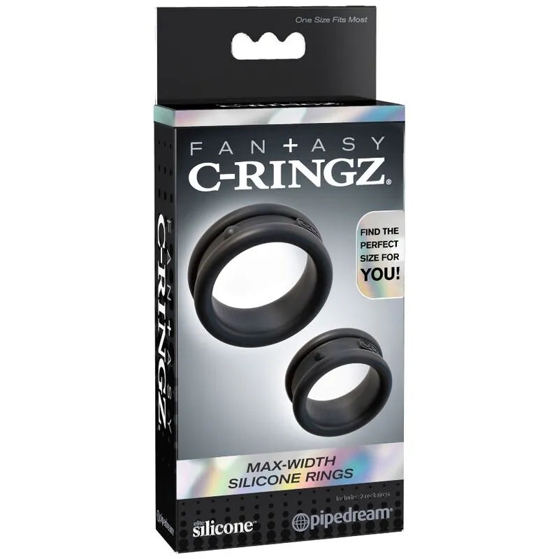Anneaux de silicone noirs larges pour érections durables, confortables et sans phtalate, sur fond d'emballage.