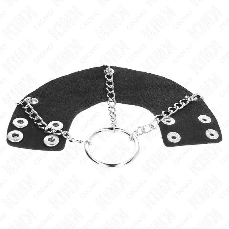 Anneau pénien cuir noir ajustable avec chaînes argentées, design BDSM élégant et fonctionnel.